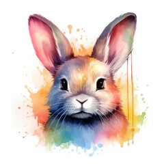 Cute fluffy bunny in watercolor style, on a white background. 