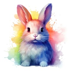 Cute fluffy bunny in watercolor style, on a white background. 