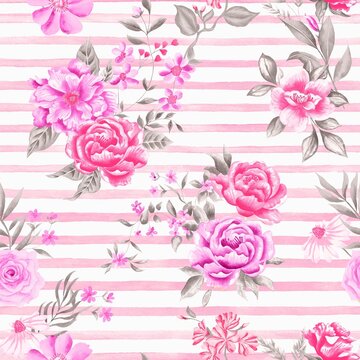 Watercolor Barbie flowers pattern, pink romantic roses, leaves, pink stripes background, seamless