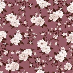 Watercolor flowers pattern, white tropical elements, brown leaves, brown background, seamless