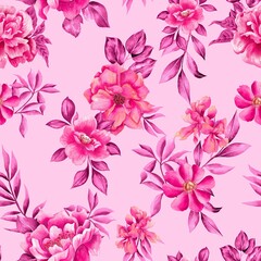 Watercolor Barbie flowers pattern, pink romantic roses, leaves, pink background, seamless