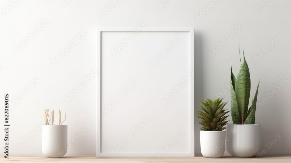 Poster mock up poster frame close up on shelf with decoration, 3d render