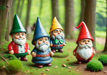 Obraz premium Garden gnomes on the flowerbed in the summer garden. Generative AI.