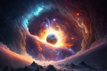 A dazzling cosmic eruption amidst a nebula, a planet glowing amidst the stars at twilight. Generative AI