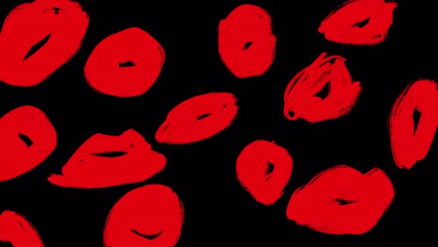 Cartoon red doodle lips on black screen. Simple animation of kisses and lipstick marks. Romantic stock video in 4K with alpha channel.