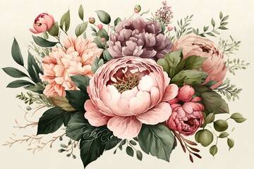 Watercolor illustration of pink floral arrangement with peonies, roses and greenery. Generative AI