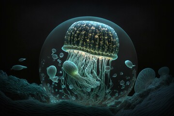 Detailed visuals of luminescent jellyfish in dark abyss surrounded by bubbles & marine life. Generative AI