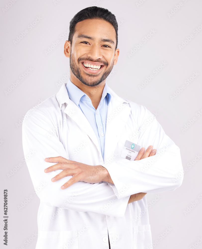 Poster man, portrait and scientist smile with arms crossed in studio isolated on a white background. confid