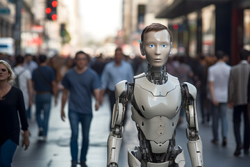 Fototapeta na wymiar Humanoid robot walking in a crowded city street