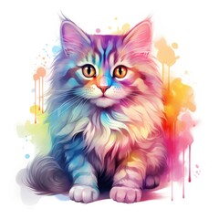 rainbow cat in a watercolor style on a white background. 