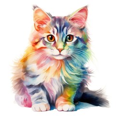 rainbow cat in a watercolor style on a white background. 