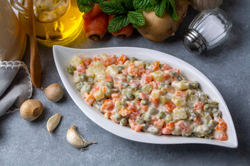 Russian salad, Olivier salad with mayonnaise and egg served (Turkish name; Rus salatasi)