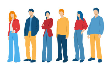  Set of young men and women, different colors, cartoon character, group of silhouettes of standing business people, students, the design concept of flat icon, isolated on white background