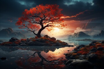 Illustration of a stunning landscape with contrasting elements of warm and cool colors, capturing the essence of balance and tranquility. Generative AI