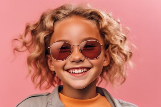 smiling pretty girl in sunglasses on a pink background 