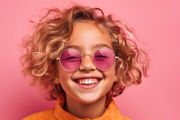 Fototapeta premium pretty girl in sunglasses on a pink background smiling widely