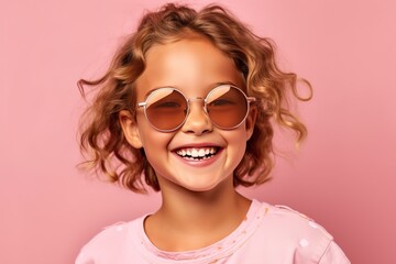 Fototapeta premium pretty girl in sunglasses on a pink background smiling widely