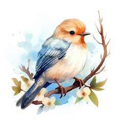 bird on a branch in a watercolor style on a white background. Generative AI