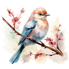 bird on a branch in a watercolor style on a white background. Generative AI