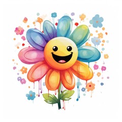multi-colored daisy with a smile in a watercolor style on a white background. Generative AI