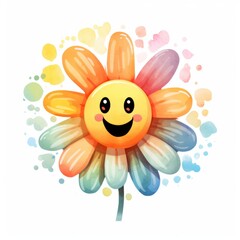 multi-colored daisy with a smile in a watercolor style on a white background. Generative AI