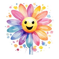 multi-colored daisy with a smile in a watercolor style on a white background. Generative AI