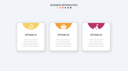 Timeline infographic with infochart. Modern presentation template with 3 spets for business process. Website template on white background for concept modern design. Horizontal layout.