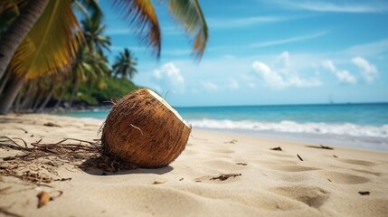  a coconut sitting on top of a sandy beach next to the ocean.  generative ai