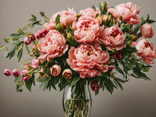 Fototapeta premium Generative AI peony blossom in a vase in close-up