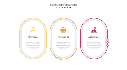 Timeline infographic with infochart. Modern presentation template with 3 spets for business process. Website template on white background for concept modern design. Horizontal layout.