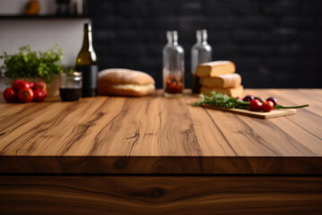 Wooden Kitchen Tabletop with Blurred Background for Product Display Montage