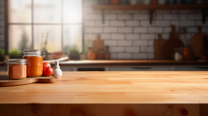 Empty Wooden Table Top On Blurred Kitchen Background for Display Montage Products