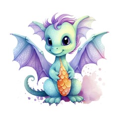 cute baby dragon in a watercolor style on a white background, Generative AI