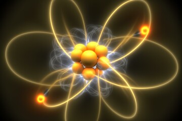 An illustration of an atom with orbiting electrons. Generative AI