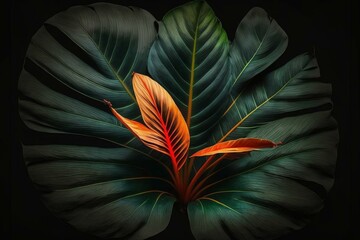 Dark background with a tropical leaf and bright orange center. Generative AI