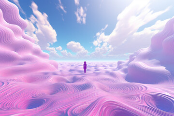 Woman standing on swirling pink landscape looking out at the horizon with clouds in the background
