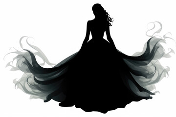 Silhouette of a young woman in a long flowing dress isolated on a white background