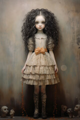 Young girl with long black curly hair surrounded by creepy figures