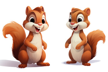 two cute smiling cartoon character squirrels isolated on a white background