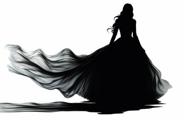 Silhouette of a young woman in a long flowing dress isolated on a white background
