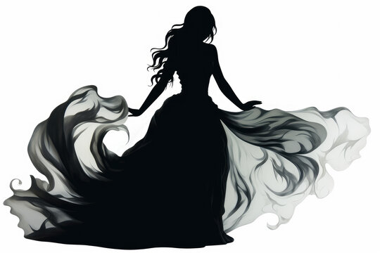 Silhouette Of A Young Woman In A Long Flowing Dress Isolated On A White Background