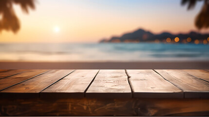 Fototapeta na wymiar Empty wooden table top tropical product display podium stage in summer beach blurred background