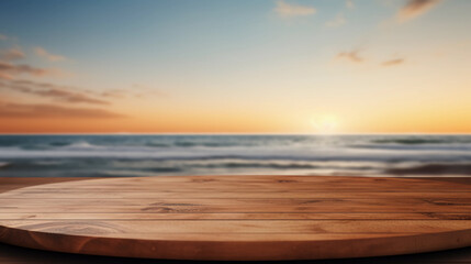 Empty wooden table top tropical product display podium stage in summer beach blurred background - Powered by Adobe