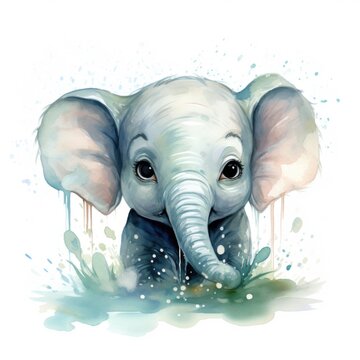 cute baby elephant in a watercolor style on a white background, Generative AI