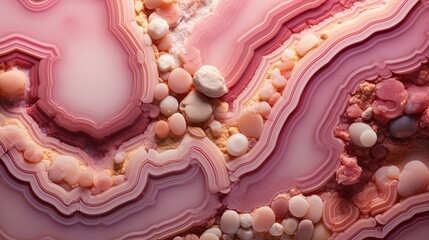 Generative AI, natural volcanic agate stones close-up light pink magenta and golden texture. Wallpaper background, quartz marble, decorative rock pattern.