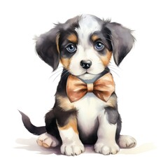 cute puppy with a bow tie in a watercolor style on a white background. Generative AI