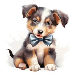 Fototapeta premium cute puppy with a bow tie in a watercolor style on a white background. Generative AI