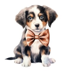 cute puppy with a bow tie in a watercolor style on a white background. Generative AI