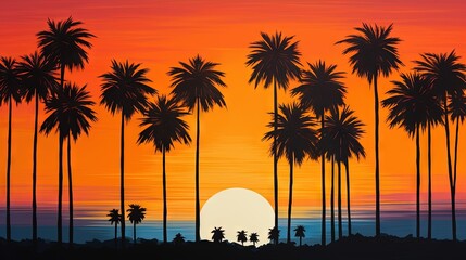 Obraz premium a painting of a sunset with palm trees and a person riding a bike. generative ai