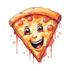 a slice of pizza with a face in a watercolor style on a white background. Generative AI